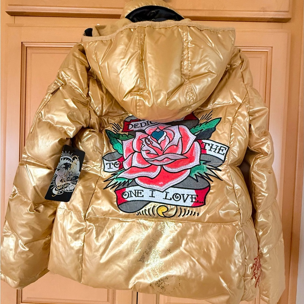 Y2K ED HARDY by Christian Audigier VTG RARE Gold Puffer Down jacket size XS